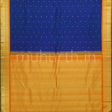 Load image into Gallery viewer, Blue Mayil Kazhuthu Blue Pure Zari Kanjivaram Silk Saree with Mango Yellow