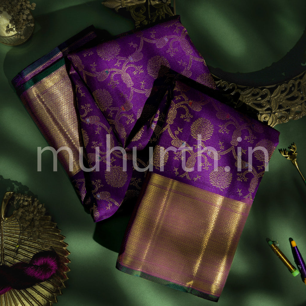 Meenakshi Violet Kanjivaram Silk Saree with Green