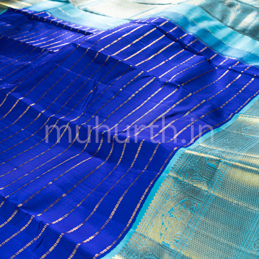 Royal Blue Veldhari Kanjivaram Silk Saree with Ananda Blue