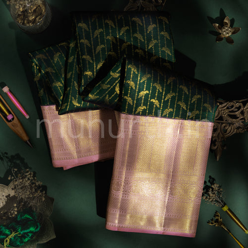 Dark Green Kanjivaram Silk Saree with Pink