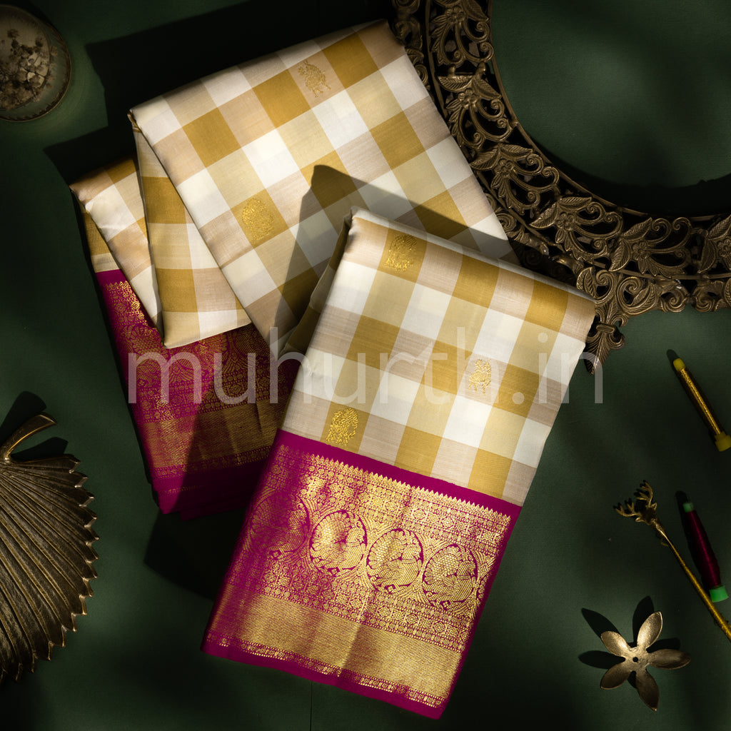 Brown and Off-White Checks Kanjivaram Silk Saree with Pink