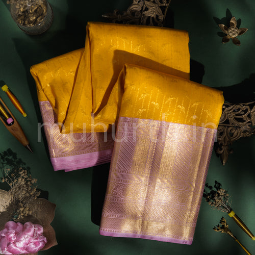 Mango Yellow Kanjivaram Silk Saree with Light Pink