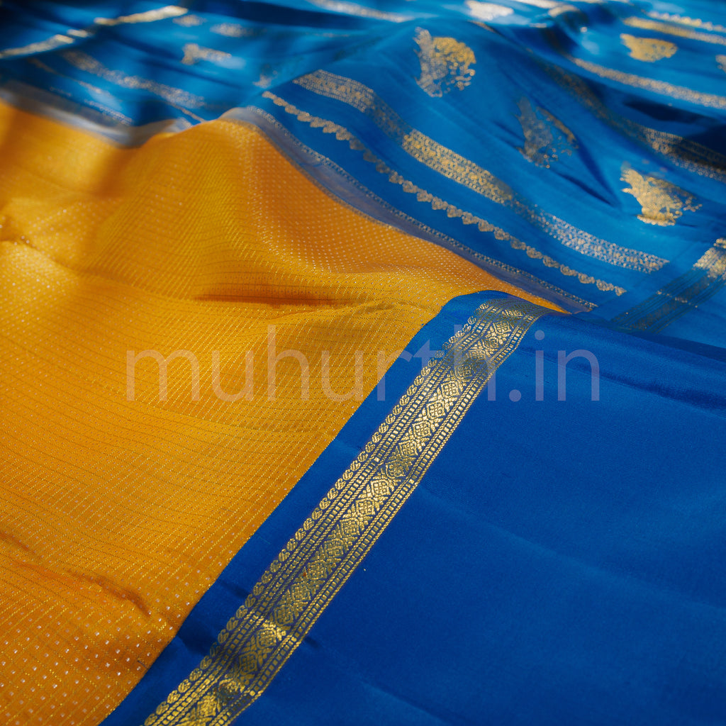 Mustard Oosi Checks Pure Kanjivaram Silk Saree Ananda Blue