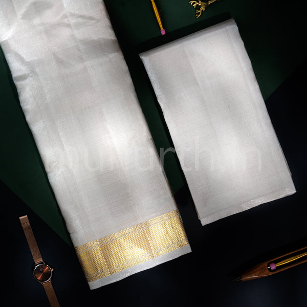 Premium White Silver Tissue Pure Silk Dhoti with Angavastram