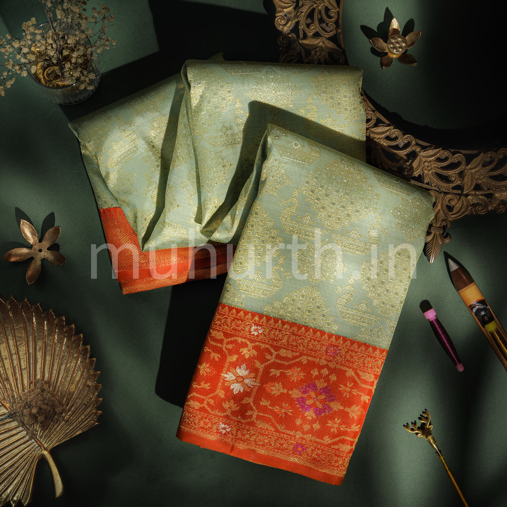 Light Pistachio Green Meenakari Pure Kanjivaram Silk Saree with Light Red