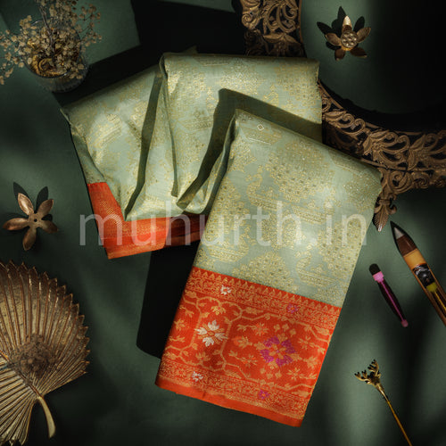 Light Pistachio Green Meenakari Pure Kanjivaram Silk Saree with Light Red
