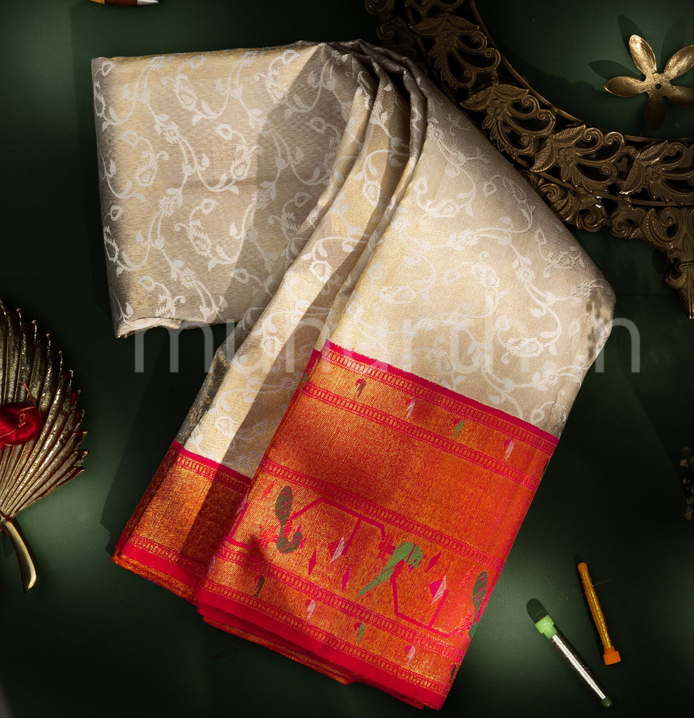 Off-White Kanjivaram Silk Saree with Red Shot Rose