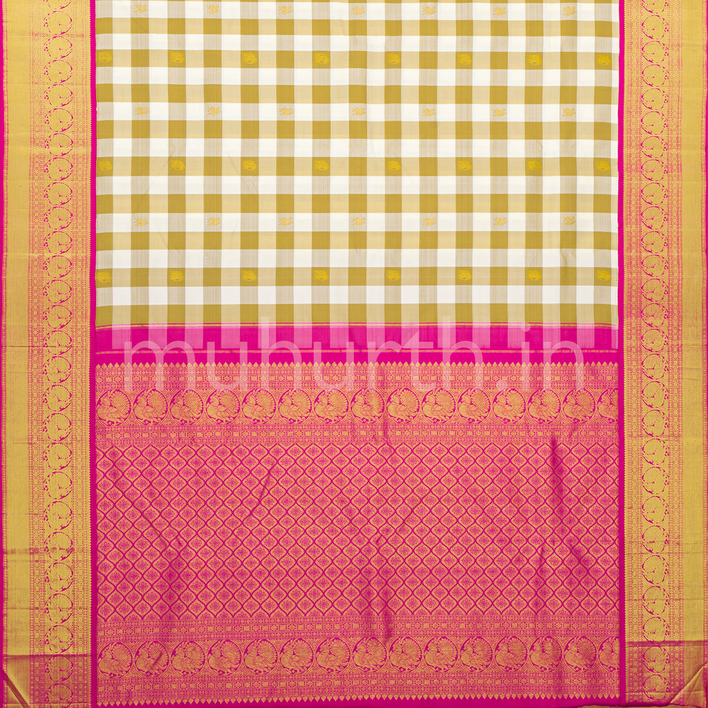 Brown and Off-White Checks Kanjivaram Silk Saree with Pink