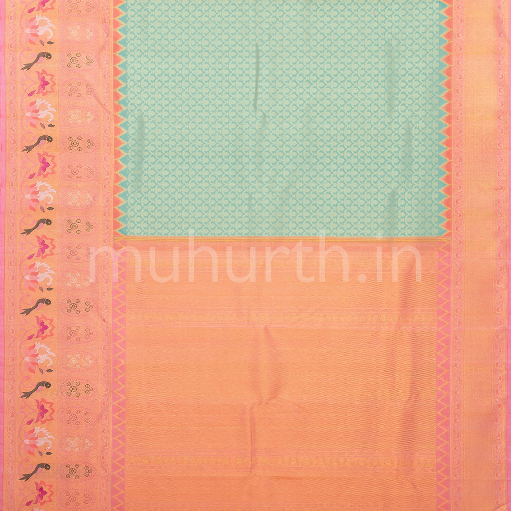 Sea Green Kanjivaram Silk Saree with Meenakari on Pink