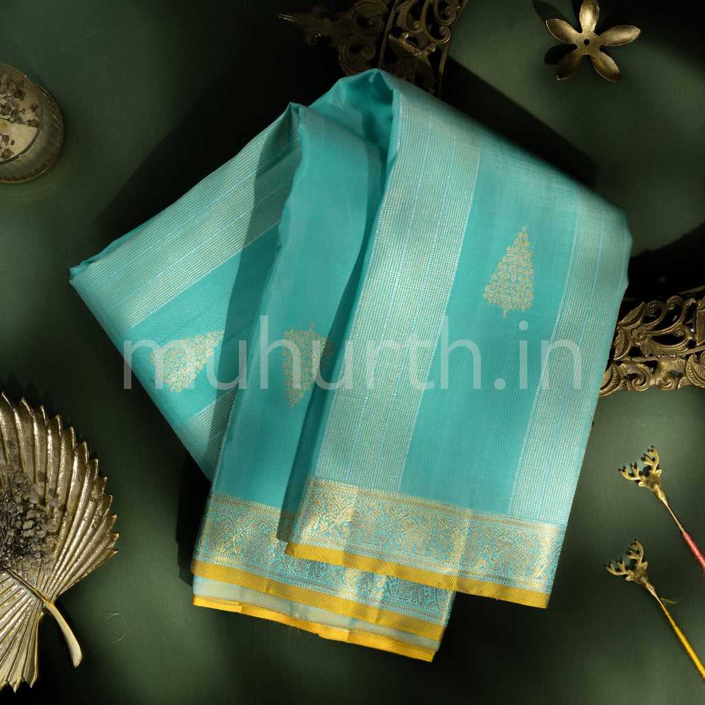 Powder Blue Kanjivaram Silk Saree with Mustard