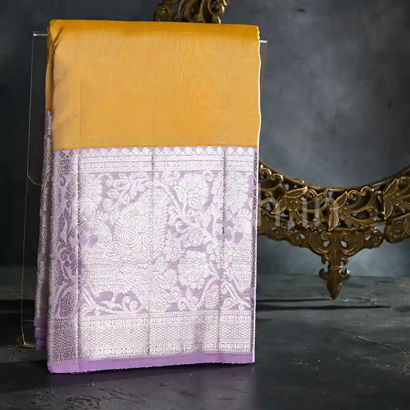 Kanjivaram Golden Mustard Silk Saree with Lavender