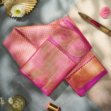 Load image into Gallery viewer, Kanjivaram Light Apricot Pink Silk Saree with Rose