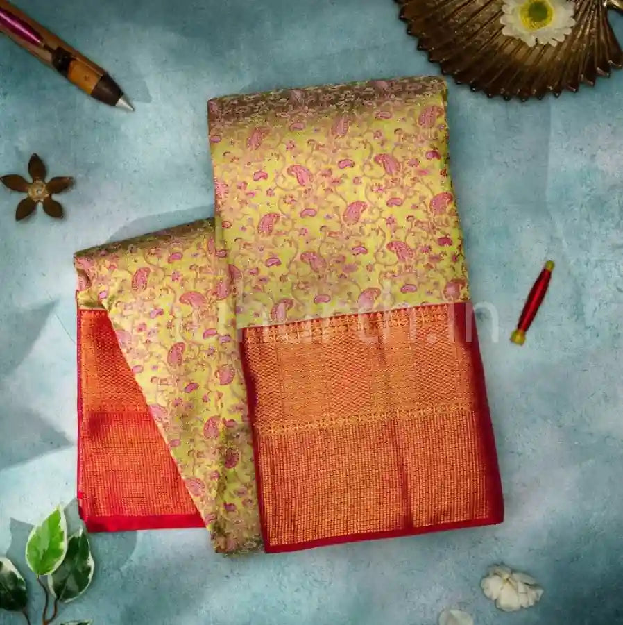 Kanjivaram Tiratchai Green Silk Saree with Red