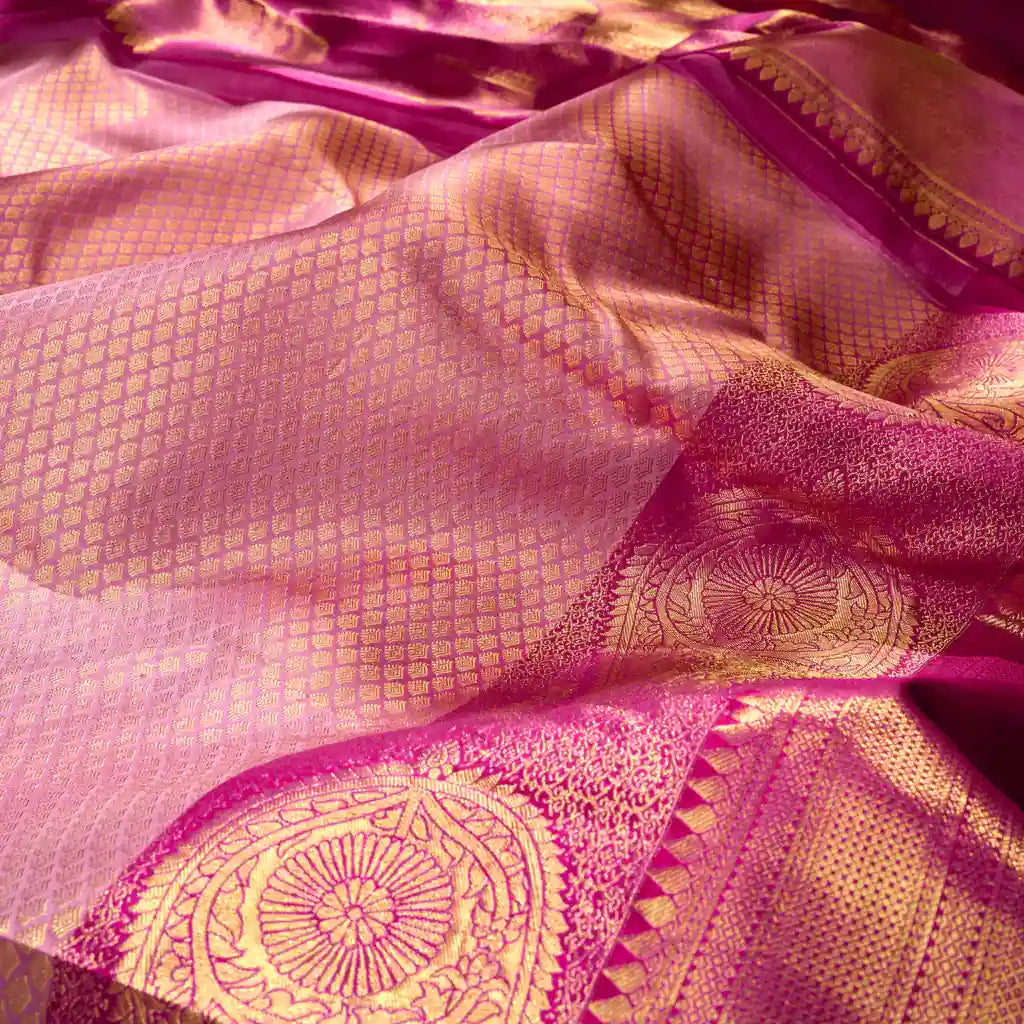 Kanjivaram Light Apricot Pink Silk Saree with Rose