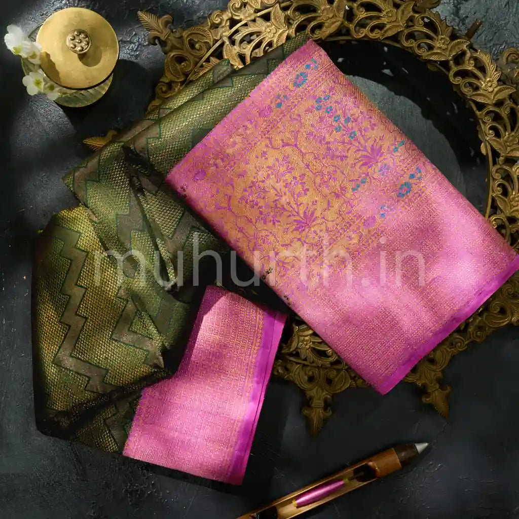 Kanjivaram Green Meenakari Silk Saree with Light Pink