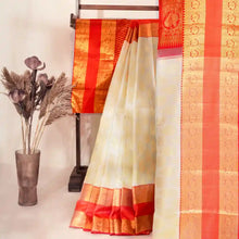 Load image into Gallery viewer, Kanjivaram Off-White Silk Saree with Coral Pink Retta Pettu