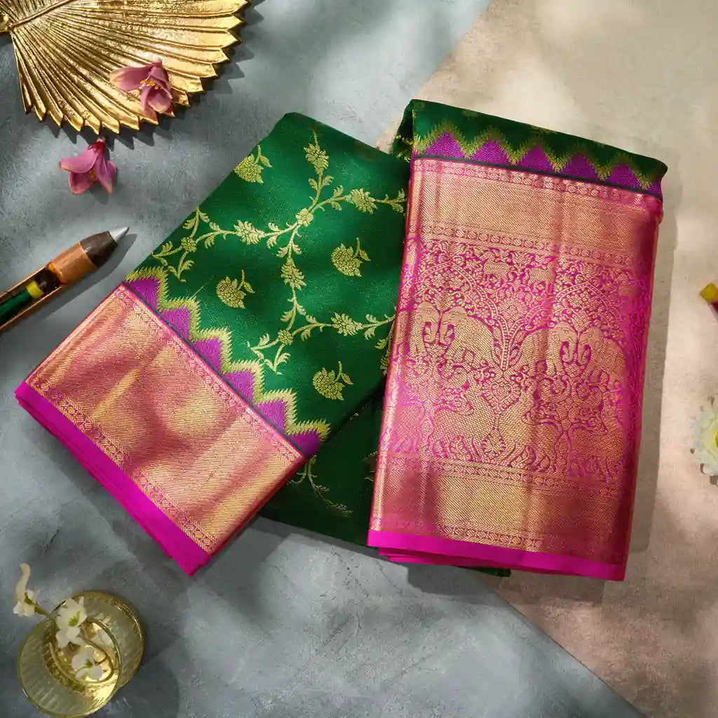 Kanjivaram Bottle Green with Rani Rose Silk Saree