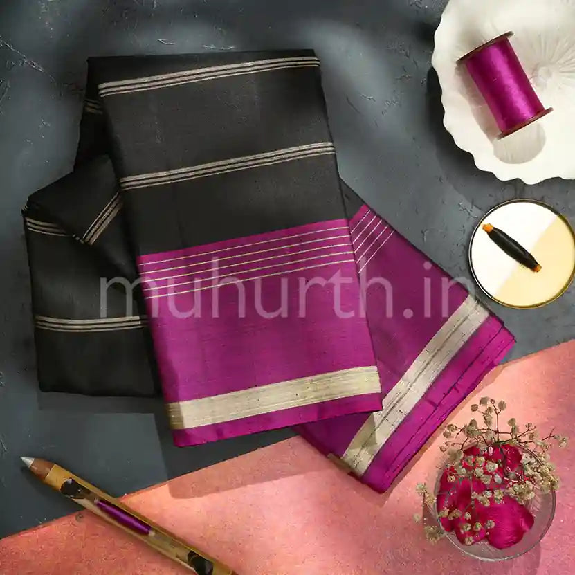 Kanjivaram Black Silk Saree with Rose