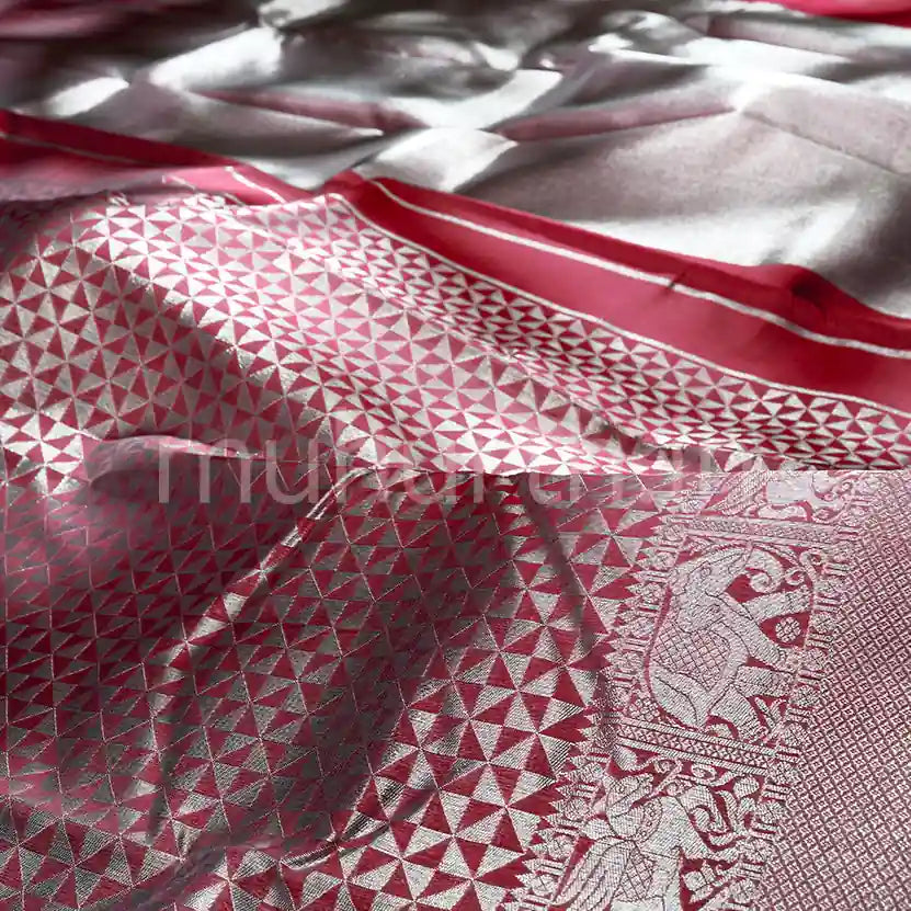 Kanjivaram Grey Silk Saree with Red