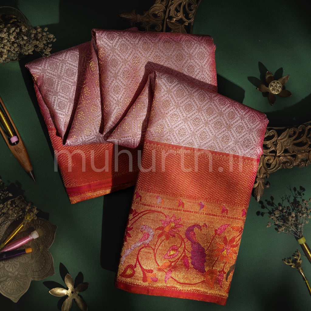 Pastel Pink Kanjivaram Silk Saree with Rose
