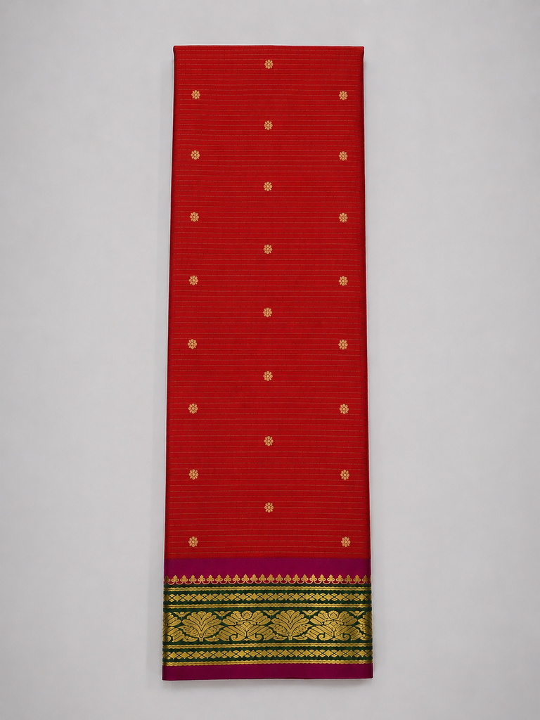 Red Pure Zari Kanjivaram Silk Saree with Dark Magenta and Green Getti Pettu Border