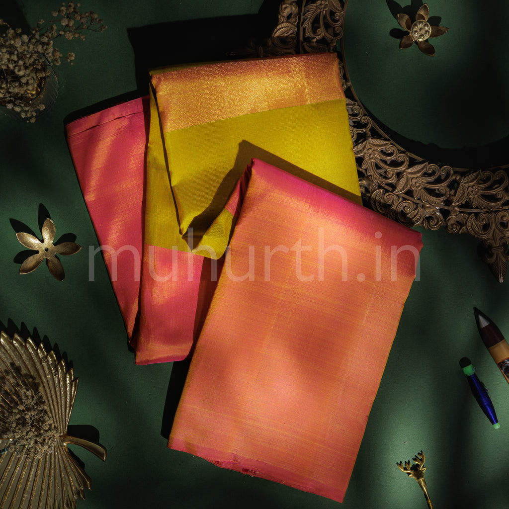 Mustard Pure Zari Kanjivaram Silk Saree with Tiratchai and Pink