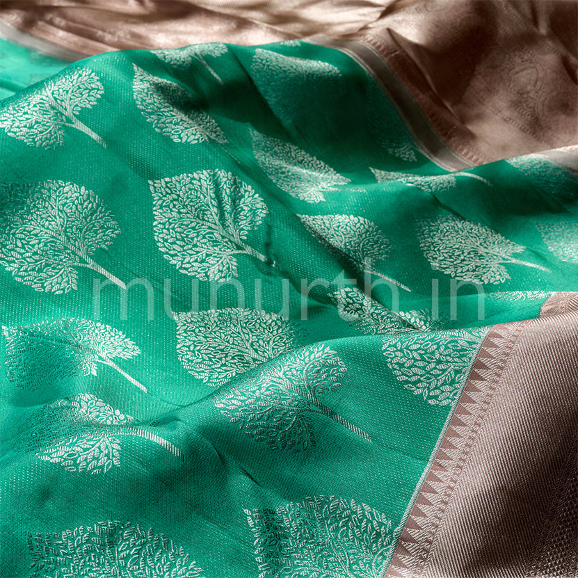 Kanjivaram Rexona Green Silk Saree with Light Brown