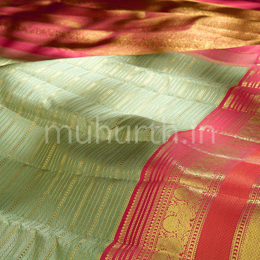 Elaichi Green Kanjivaram Silk Saree with Red