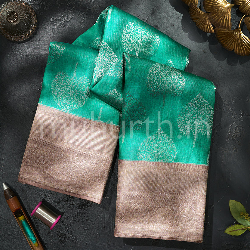 Kanjivaram Rexona Green Silk Saree with Light Brown