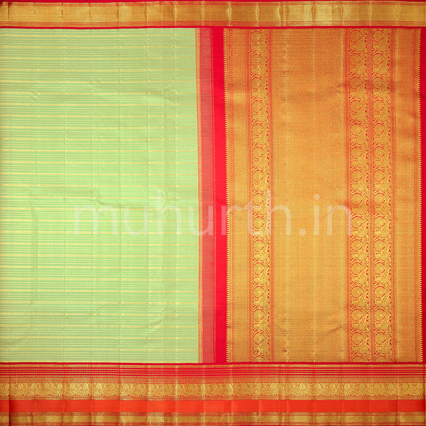 Elaichi Green Kanjivaram Silk Saree with Red