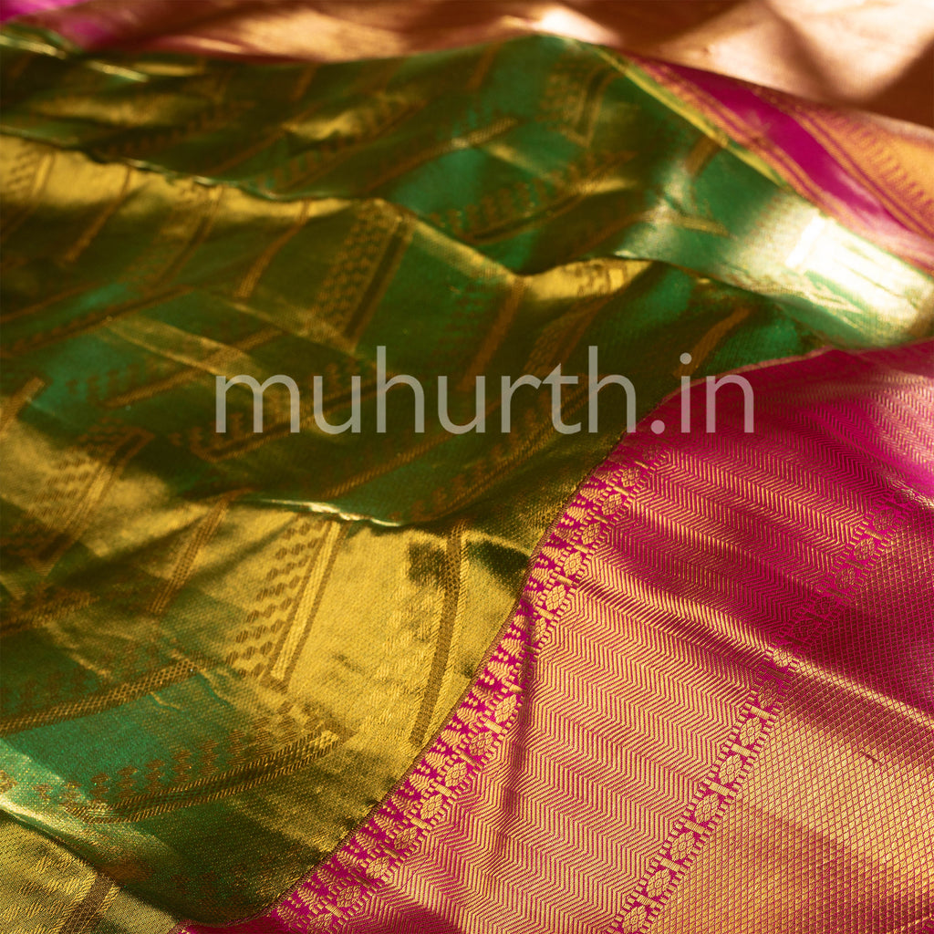 Kanjivaram Tissue Tiratchai Green Silk Saree with Rose