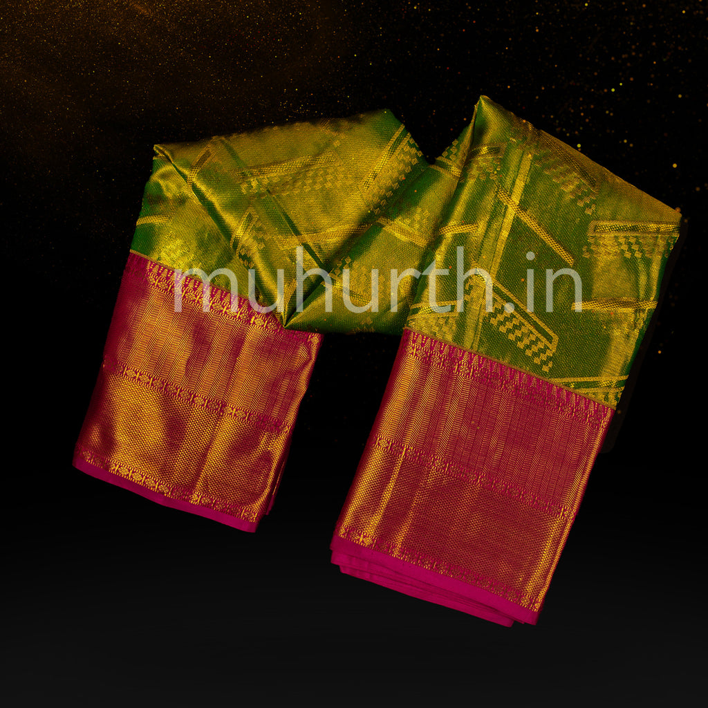 Kanjivaram Tissue Tiratchai Green Silk Saree with Rose