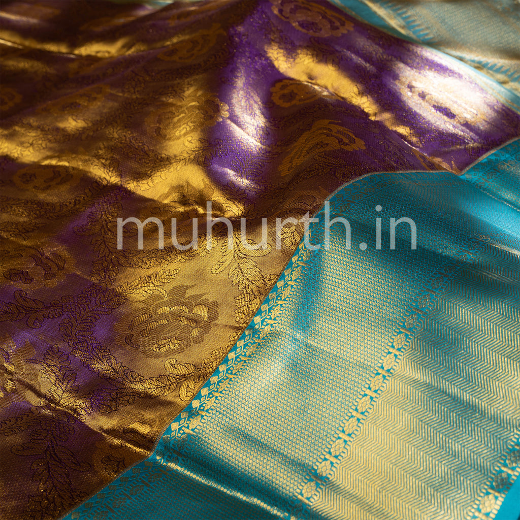 Kanjivaram Tissue Violet Silk Saree with Ananda Blue