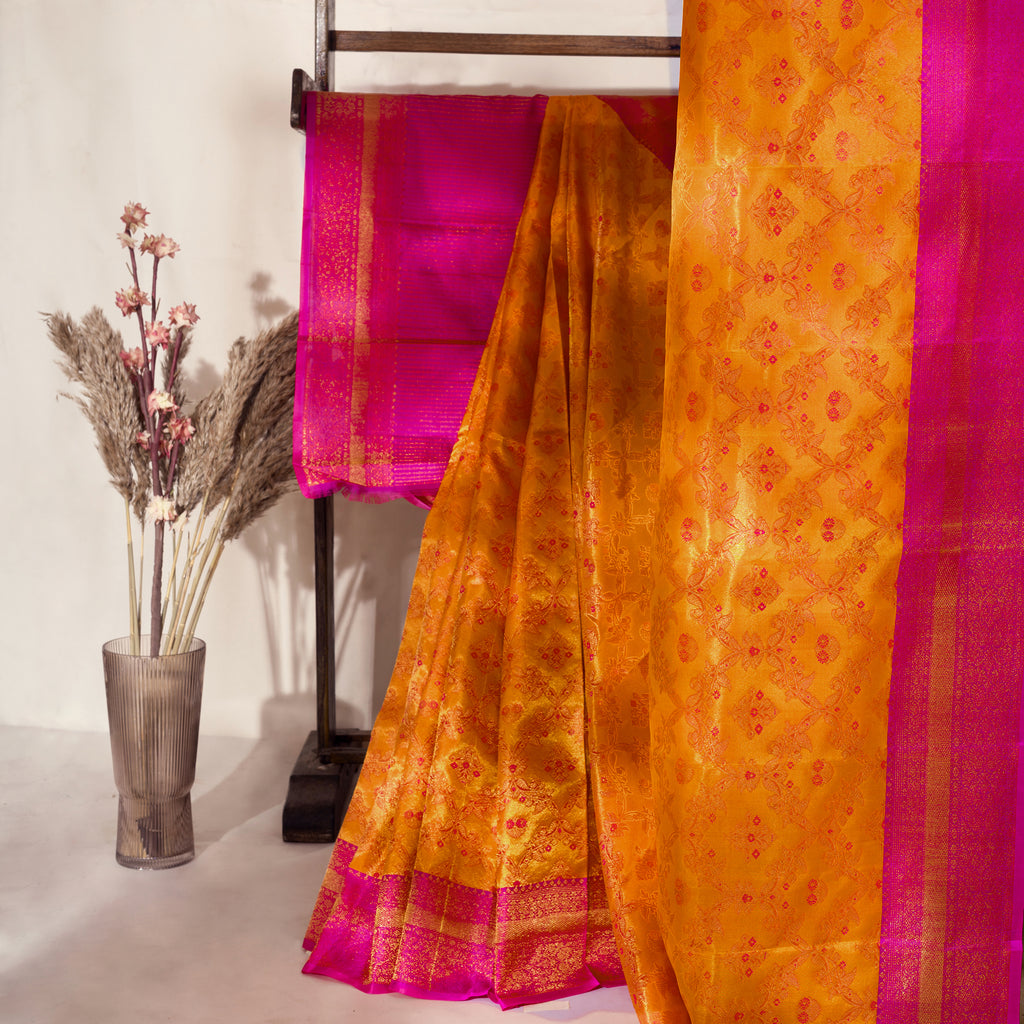 Kanjivaram Orange Silk Saree with Rose