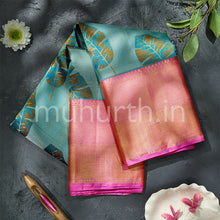 Load image into Gallery viewer, Kanjivaram Floral Palms in Blue Silk Saree