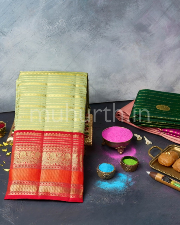 Elaichi Green Kanjivaram Silk Saree with Red