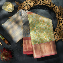 Load image into Gallery viewer, Kanjivaram Silver Grey Silk Saree with Meenakari Red