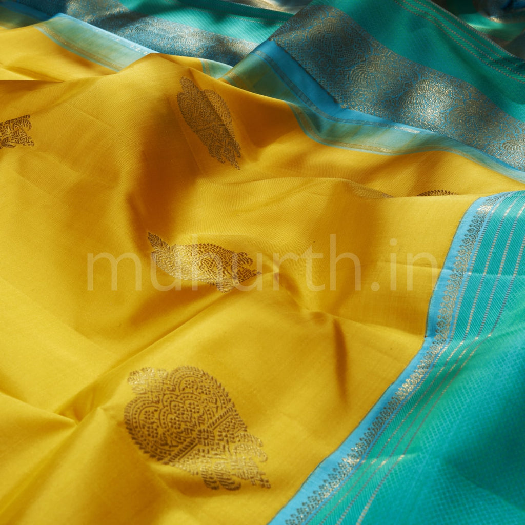 Kanjivaram Golden Mustard Silk Saree with Ananda Blue