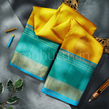 Load image into Gallery viewer, Kanjivaram Golden Mustard Silk Saree with Ananda Blue