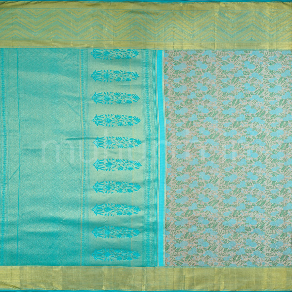 Kanjivaram Floral Dull Olive Silk Saree with Rexona Green