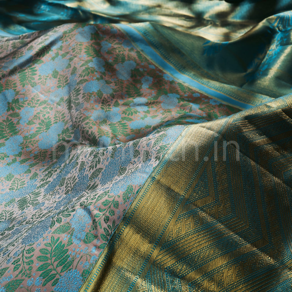 Kanjivaram Floral Dull Olive Silk Saree with Rexona Green