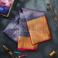 Load image into Gallery viewer, Kanjivaram Floral Stone Blue Shade Silk Saree with Pink