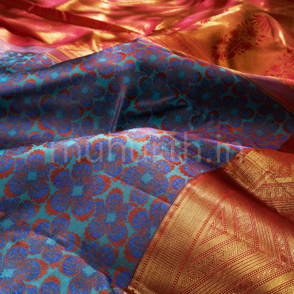 Kanjivaram Floral Stone Blue Shade Silk Saree with Pink